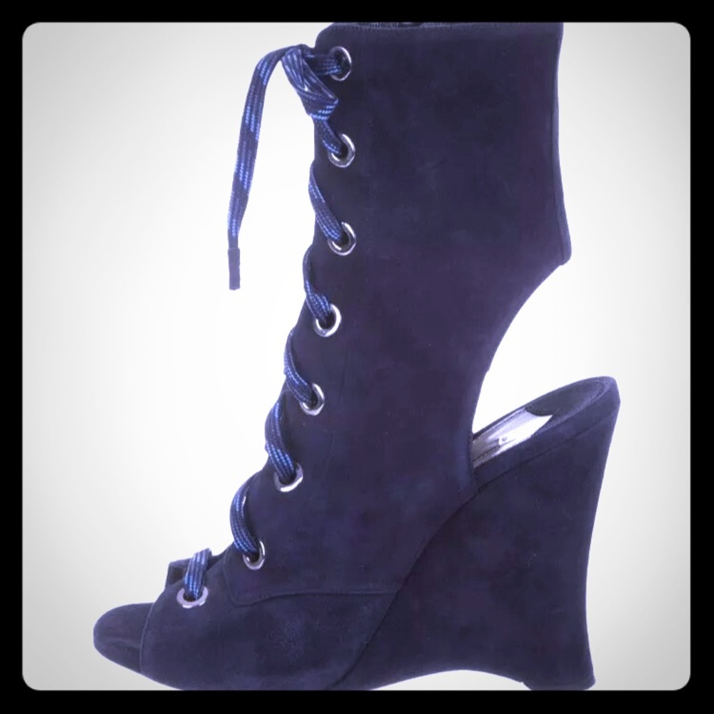 Prada 2016 runway peep toe lace up wedge booties